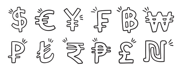 currency hand drawn doodle symbol set. Outline drawing different currency stroke line clipart symbol collection
