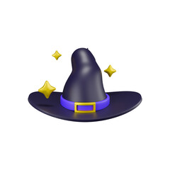 A witch hat with stars and golden buckle floating in white space.