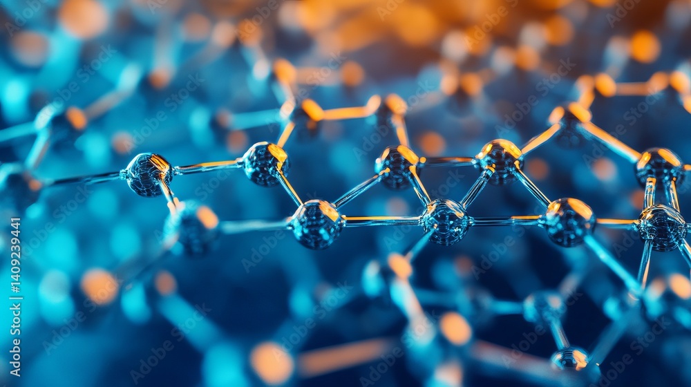 Poster abstract molecular structure blue orange network science background 3d art data atoms bonds macro