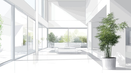 Fototapeta premium The image showcases a digitally rendered interior scene of a modern home. The space is dominated by white walls, floors, and large glass windows that allow abundant natural light to flood