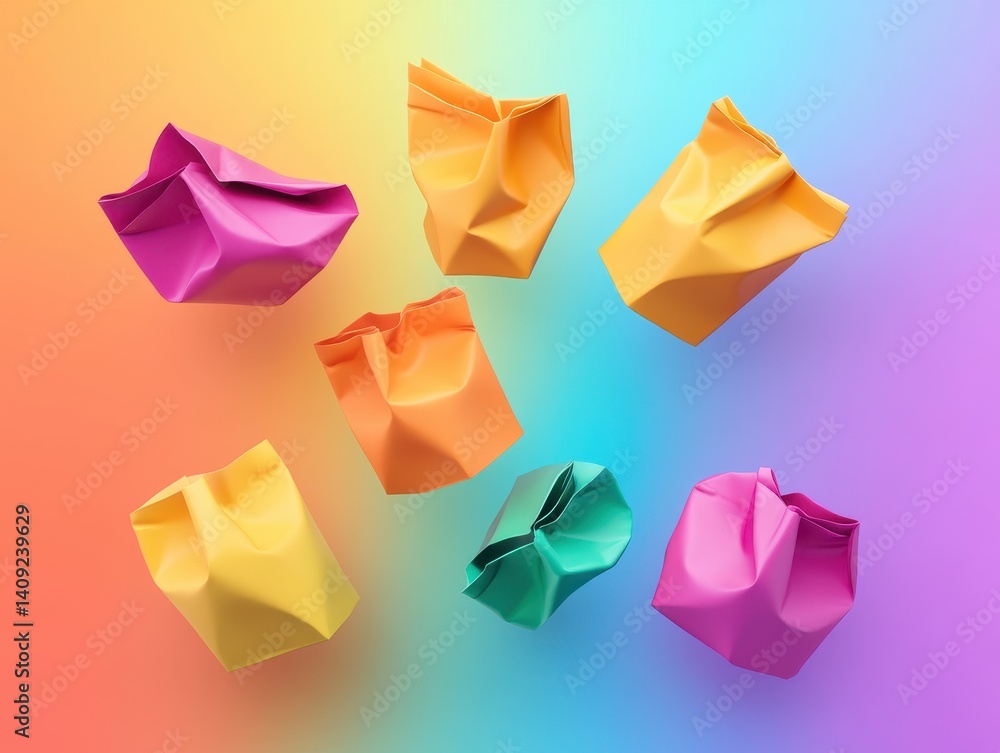 Poster vibrant paper sculptures: a mesmerizing array of intricately folded paper shapes, showcasing an expl