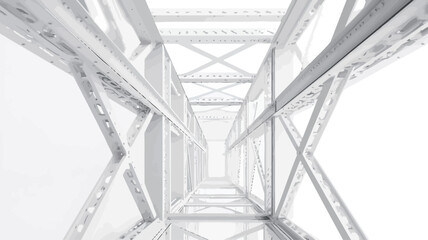 The image is a monochrome photograph depicting the interior structure of a bridge.  The perspective is from within the bridge, looking down a long corridor of repeating structural elements
