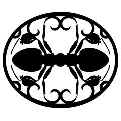 Elegant Ant Silhouette in Oval Frame Featuring Decorative Elements and Symmetry