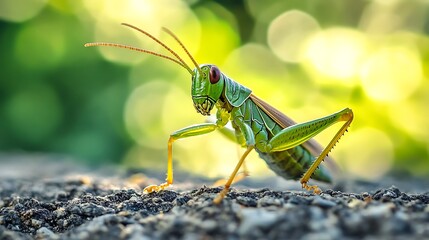Fototapeta premium Detailed Green Grasshopper In Nature Setting On Rough Surface With Blurred Background