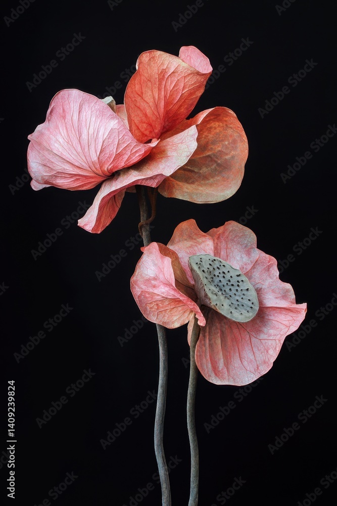 Aufkleber Delicate lotus flowers with textured petals and seed pod on a dark background creating a serene and elegant botanical art piece with soft lighting