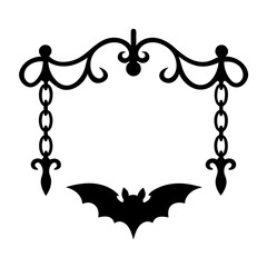 Halloween Sign with Decorative Scrollwork and Bat Silhouette for Spooky Season