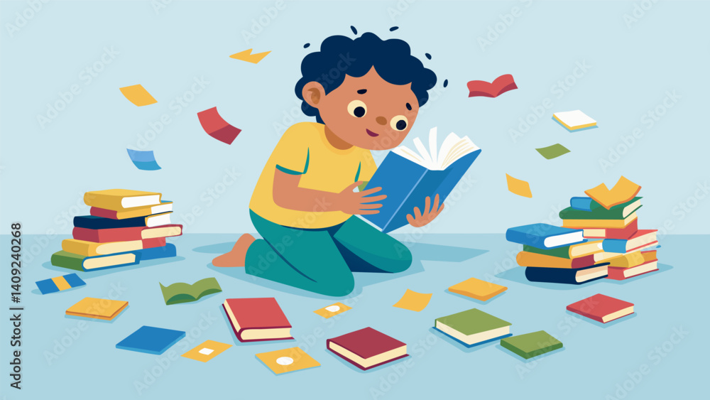 Poster piles of new picture books are tered across the floor as a child eagerly sifts through them searchin