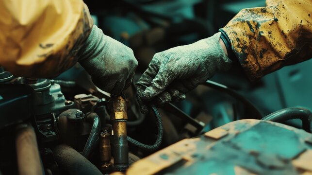 Heavy machinery mechanic repairing a hydraulic excavator at a worksite. Featuring technical skills and problem-solving