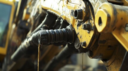 Heavy machinery mechanic repairing a hydraulic excavator at a worksite. Featuring technical skills and problem-solving