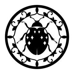 Silhouette of a ladybug with floral embellishments in a circular frame © Tanjila