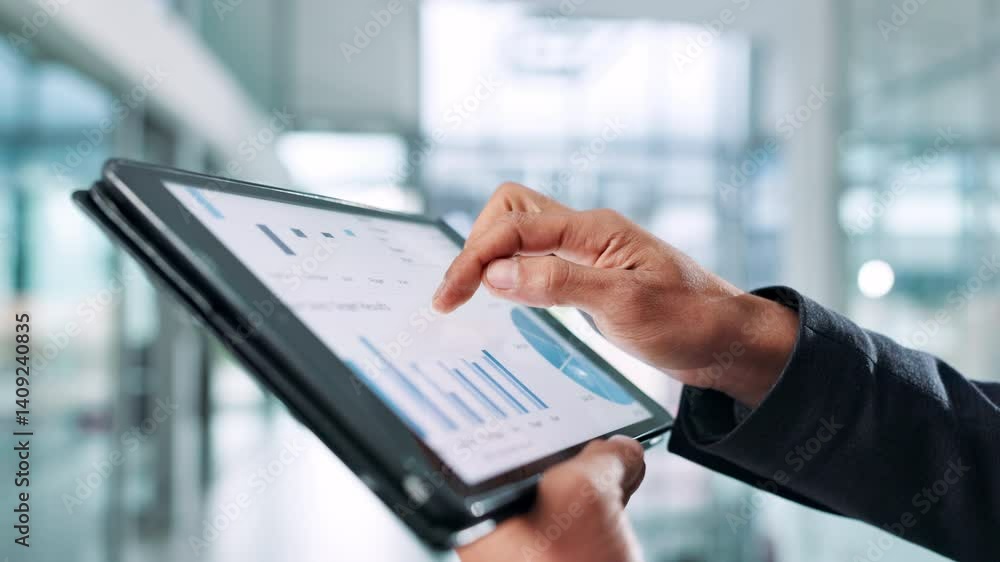 Aufkleber hands, tablet screen and man in office, graphs and typing with connection, profit survey and network