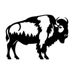 Majestic bison silhouette incorporating a coniferous forest scene within its form
