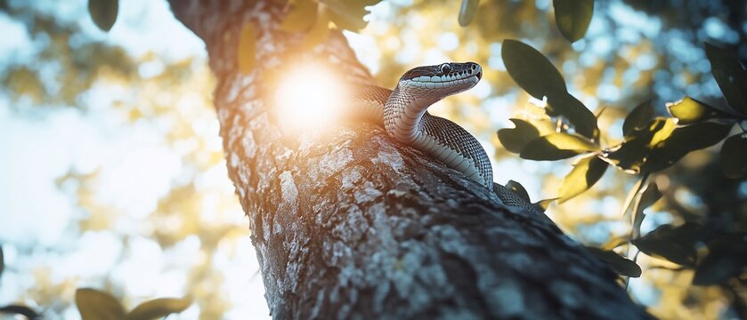 Snake resting on tree branch, basking in sunlight, for nature themes