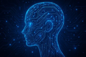Obraz premium Futuristic artificial intelligence head, high tech style, concept art for AI news or innovation blog