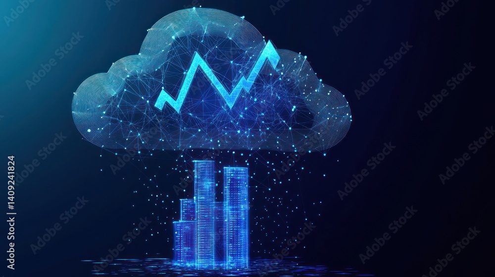 Poster cloud-based financial growth visualization highlighting data driven urban prosperity
