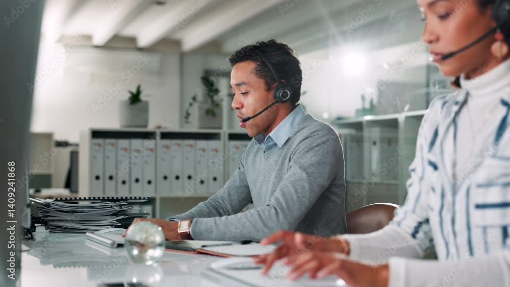 Poster call center, man and technical support in office with consultant, communication and online crm. cont