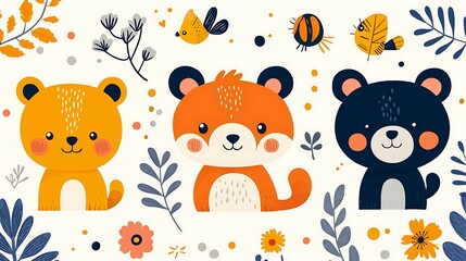 Cartoon Animal Friends Illustration with Bears and Decorative Nature Elements