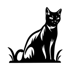 Elegant black and white silhouette of a cat sitting in grass