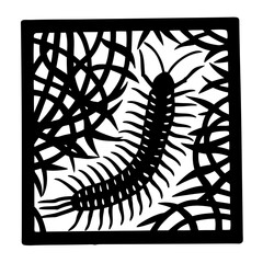 Stylized Black and White Centipede Illustration with Intricate Abstract Background