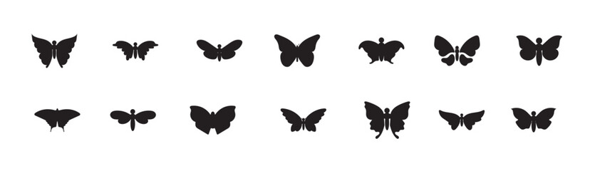Set of black silhouettes of butterflies of different shapes and types for graphic design. Isolated vector illustration on white background.
