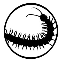 Silhouette of a Centipede Enclosed in a Black Circle on White Background