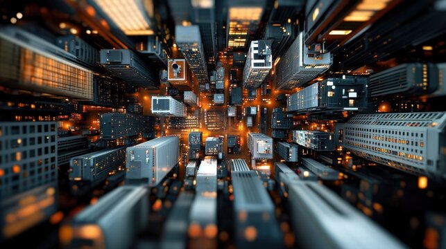 Futuristic aerial view of glowing cityscape with skyscrapers and lights