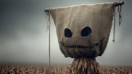 Scarecrow with burlap sack head stands in a field under a cloudy sky.