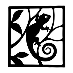 Stylized Black and White Lizard Design with Leaves on Branches in a Square