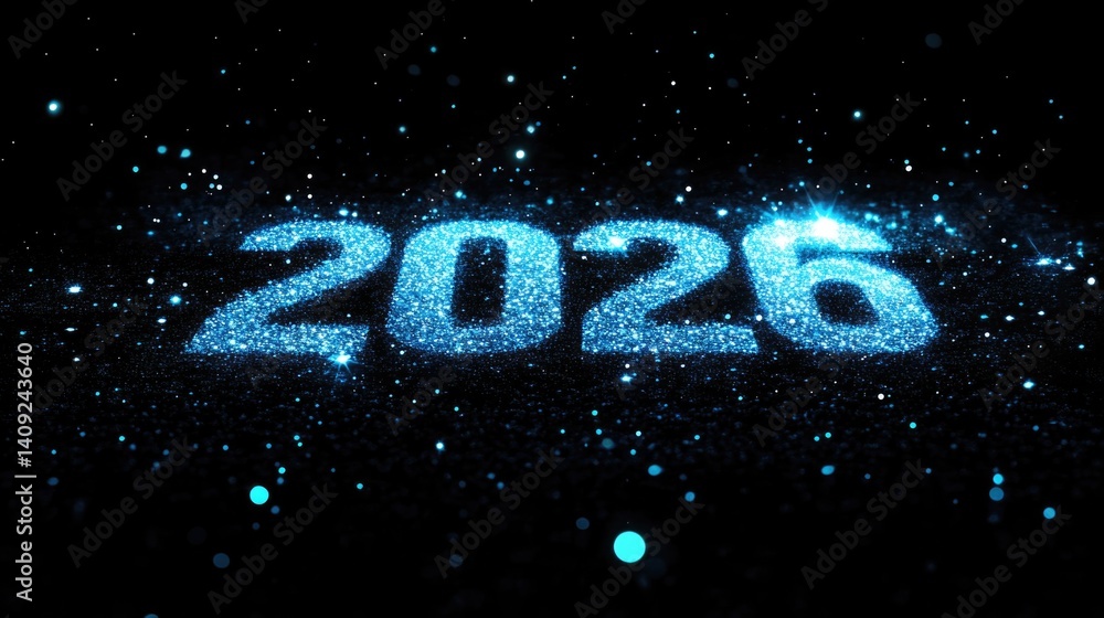Poster glowing sparkling 2026 in dark space with particle effects. happy new year 2026