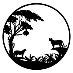 Silhouette of African Wildlife with Panthers and Trees in a Circular Frame
