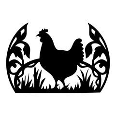 Elegant silhouette of a chicken in ornamental grass and foliage circle