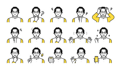 ビジネスカジュアルなミドル世代の男性の様々な表情アイコンセット