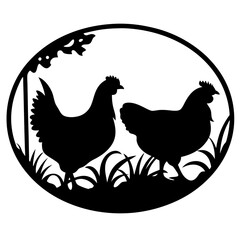 Fototapeta premium Silhouette of two chickens standing among grass and under a tree