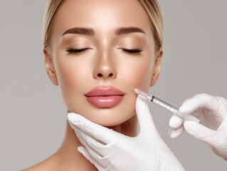 Woman gets cosmetic facial injection to enhance beauty. Beauty treatment with syringe for facial rejuvenation and anti-aging procedure for skin elasticity and wellness.