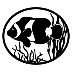Black and white rendering of a saddleback clownfish in aquatic environment