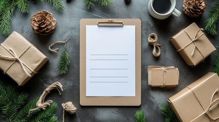 Blank Clipboard Amidst Festive Christmas Gifts