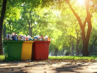 Fototapeta premium Recycling Bins in Sunlight: A captivating shot of vibrant recycling bins positioned outdoors, overflowing with various waste. Surrounded by a backdrop of lush trees.