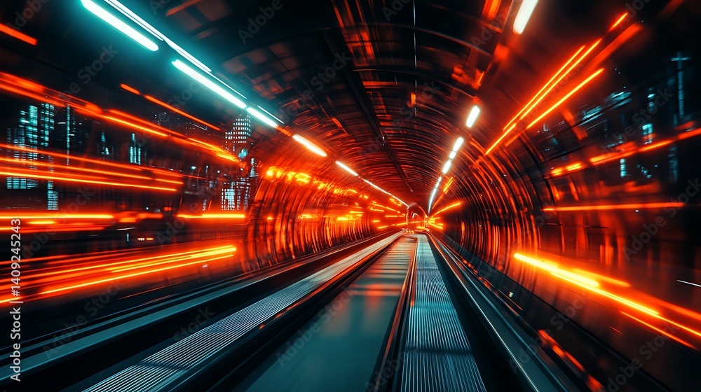 Poster dynamic tunnel of lights shows velocity and modern technology inside dark structure