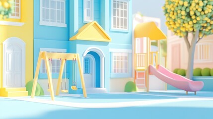 Fototapeta premium Playful Pastel Town: A cheerful 3D rendered scene of a quaint town featuring pastel-colored houses, a vibrant swing set, a whimsical slide, and a tree adorned with lemons.