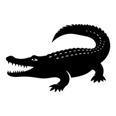 Stylized black silhouette of a crocodile with an open mouth and sharp teeth