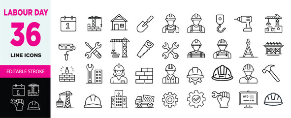 Labor Day Line Icons – 36 Editable Stroke Vector Icons for Construction and Work