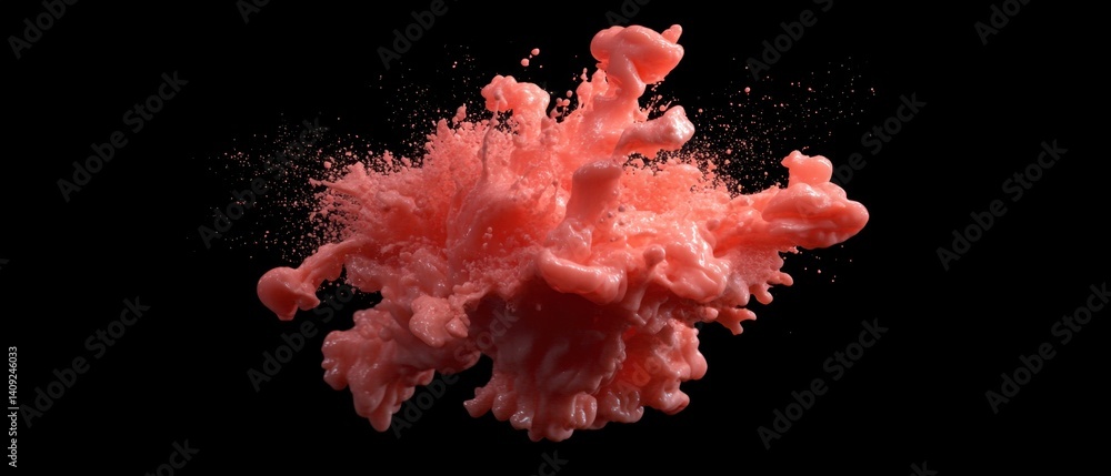 Poster dynamic splash of vibrant pink paint against stark black background creating abstract form and textu