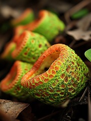 Unusual speckled fungi in forest, surrounded by leaves and dark soil