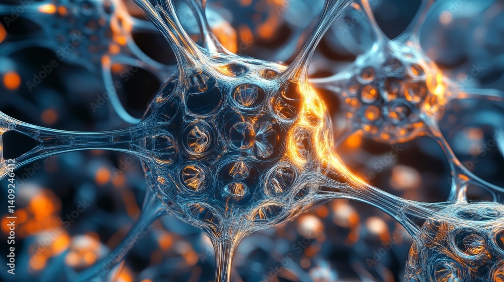 Aufkleber abstract neural network glowing orange blue digital art science background web mesh cell brain nodes