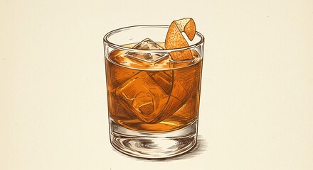 Detailed illustration of an old fashioned cocktail