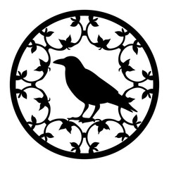 Ornate Silhouette of a Crow Encased in a Botanical Circular Design