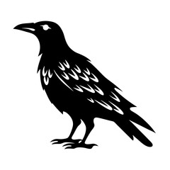Silhouette of a majestic raven standing tall and proud on a white background