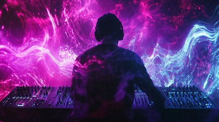 A silhouette of a DJ from the back, wearing a headset and immersed in music. Surrounded by vibrant psychedelic soundwaves and energy