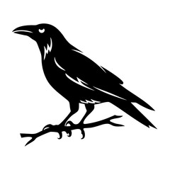 A raven perched on a branch, depicted in a black silhouette design