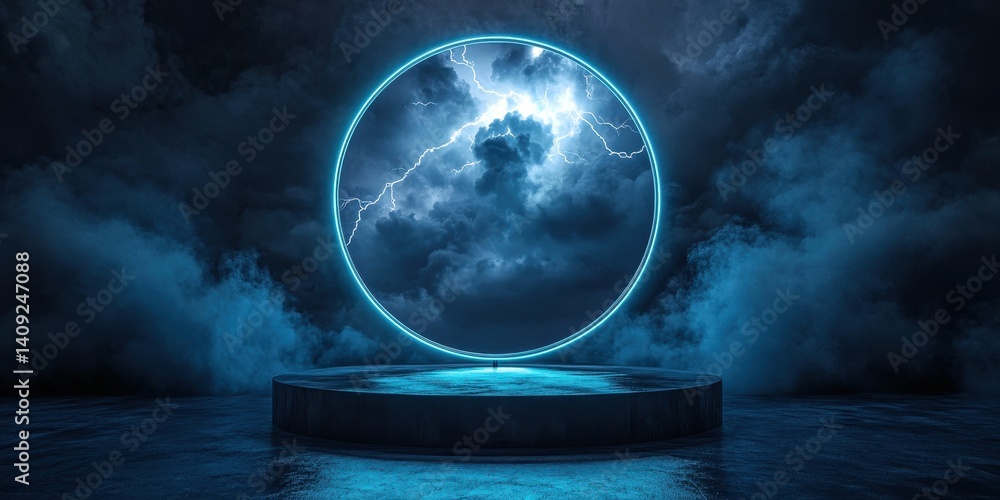Poster mystical lightning orb: an ethereal scene of a glowing circular portal of lightning amidst swirling 